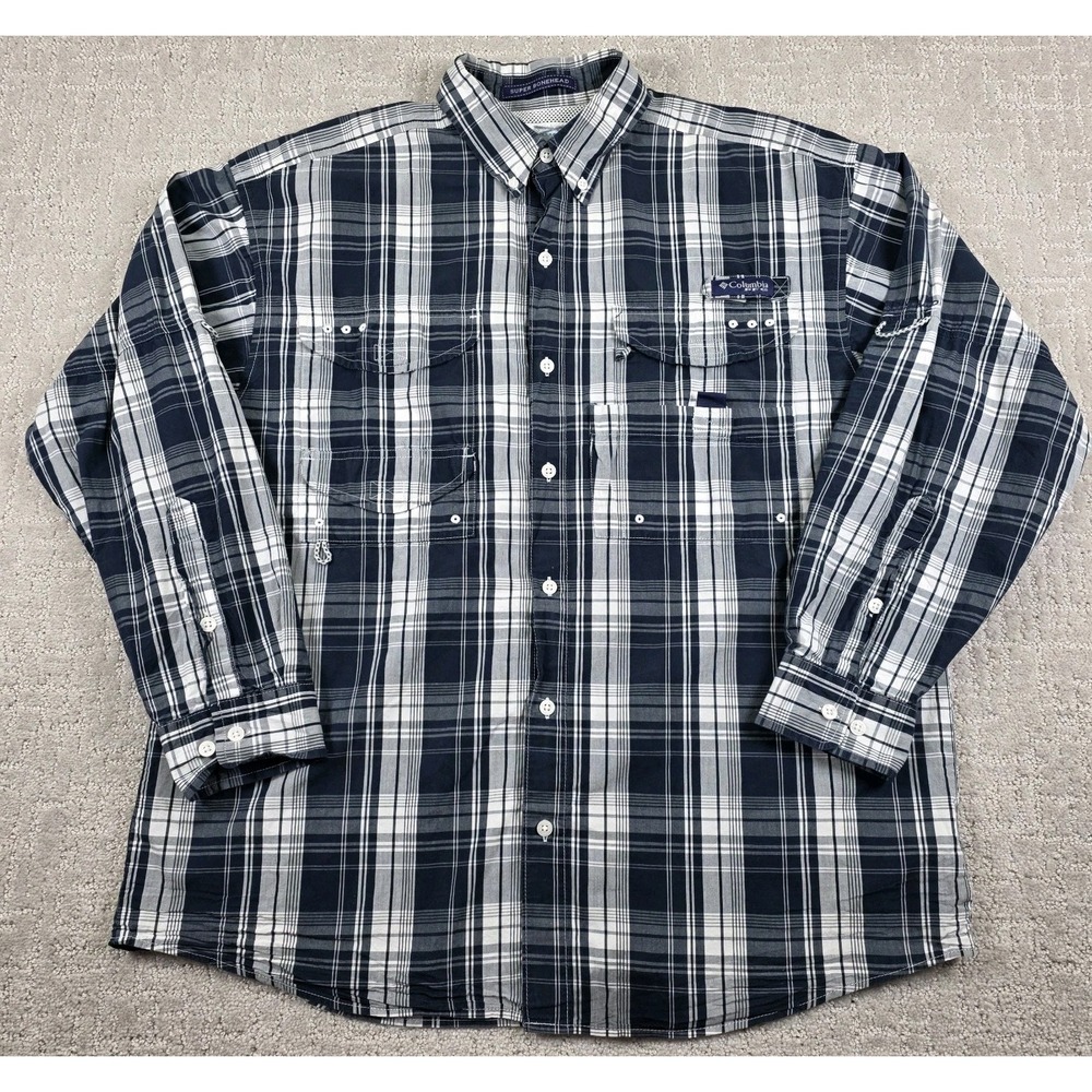 Columbia Super Bonehead Mens Medium Navy Blue Plaid Omni Shade PFG Fishing Shirt